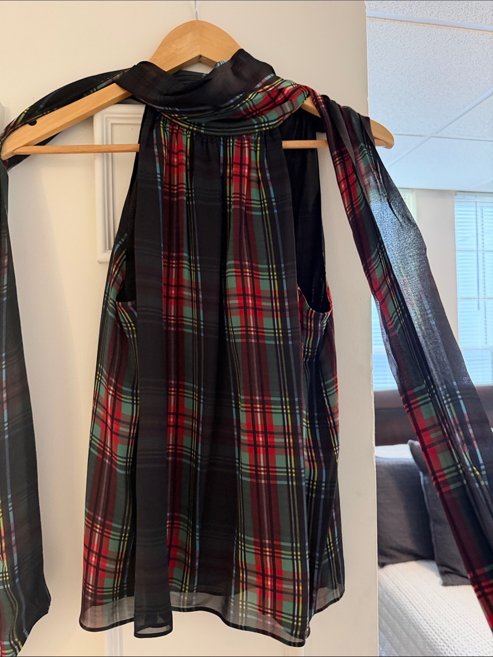 Plaid Sheer Halter Dress with Neck Tie - Black/Red